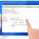 A tablet computer with a fillable form on it. One hand holds the tablet, the other one signs the form with an index finger.