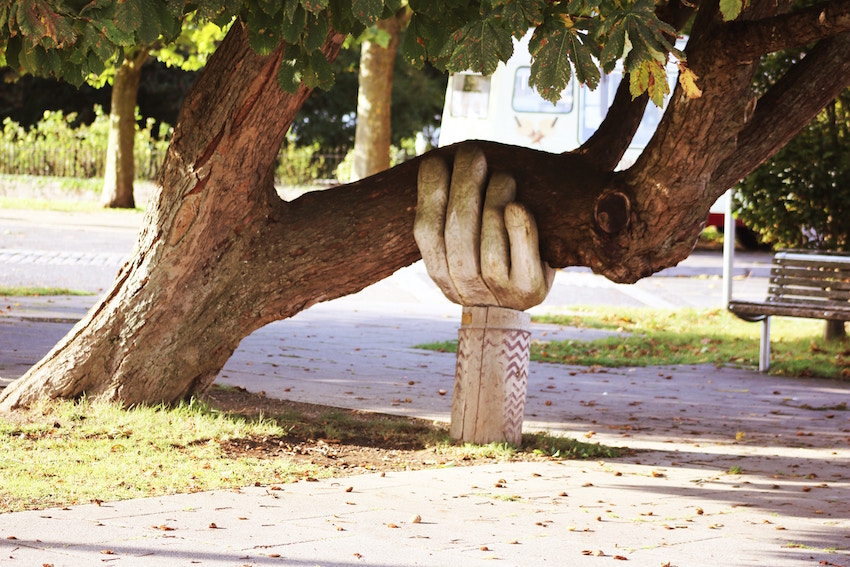 Sculpture of a large hand holding up a large tree limb