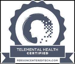 Logo Inside Ribbon That Says "Telemental Health Certified"