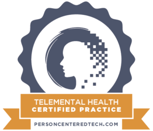 Logo Inside Ribbon That Says "Telemental Health Certified Practice"